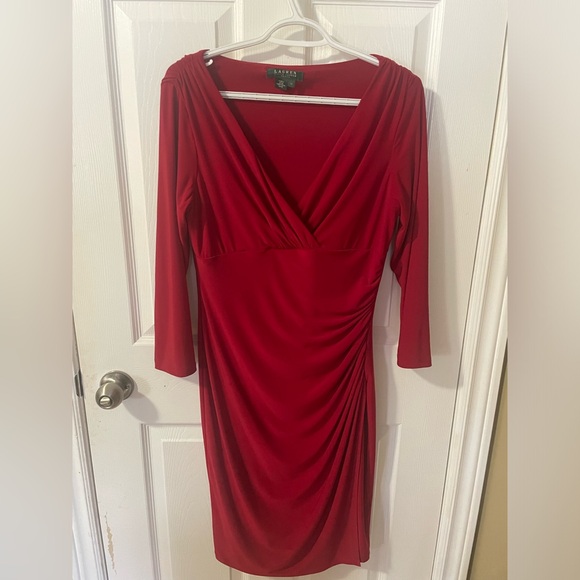Red Lauren Ralph Lauren Long-Sleeve Faux-Wrap Sheath Dress - Size 10 - Picture 2 of 6